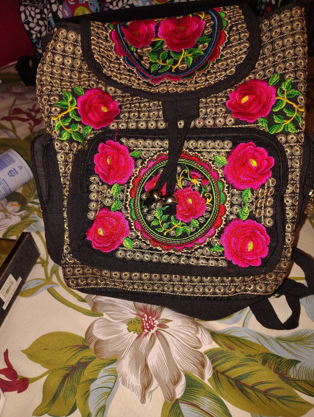 Source Unknown Black Backpack with Bright Pink Floral Embroidery - Picture 2 of 10